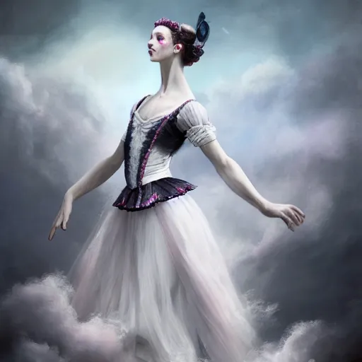 Image similar to picture generation, soft painting curiosities carnival, beautiful prima ballerina in full long dress, accurate features, focus, very intricate ultrafine details, black white purple volumetric clouds, award winning masterpiece, octane render 8 k hd, tom bagshaw artstyle