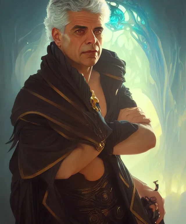 Image similar to Yair Lapid as a fantasy magic man portrait, sci-fi, amber eyes, face, fantasy, intricate, elegant, highly detailed, digital painting, artstation, concept art, smooth, sharp focus, illustration, art by artgerm and greg rutkowski and alphonse mucha