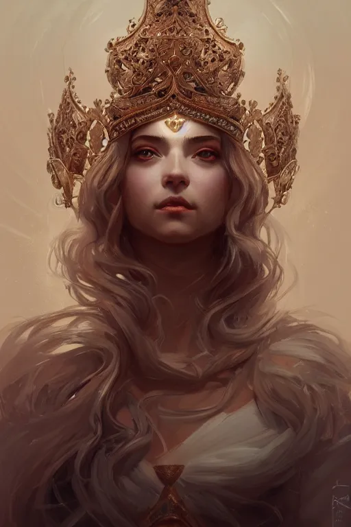 Image similar to highly detailed portrait of an elegant goddess, ornate crown, beautiful symmetrical face, digital painting, artstation, concept art, smooth, clear focus, illustration, greg rutkowski, artgerm, global lighting, detailed and fantasy