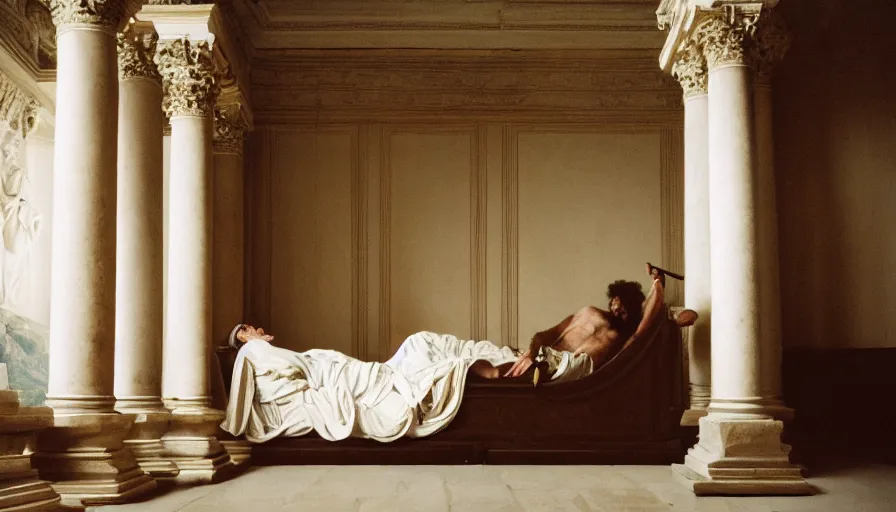 Prompt: movie still portrait of emperor marcus aurelius, skinny and ill in his bed with drapery in a ancient rome room with columns next to the ocean, cinestill 8 0 0 t 3 5 mm, high quality, heavy grain, high detail, cinematic composition, dramatic light, anamorphic, hyperrealistic