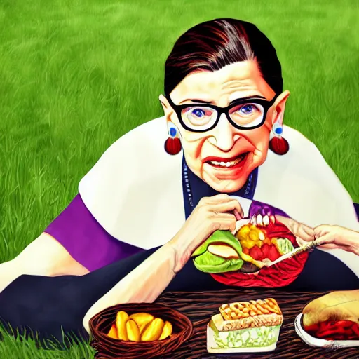 Prompt: Ruth Bader Ginsburg on a picnic, HD detailed photograph, trending on artstation