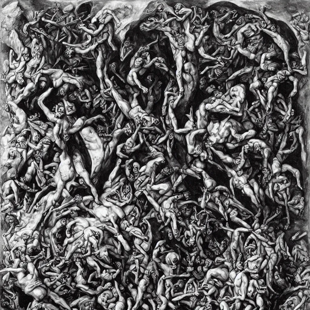Image similar to Richard Dean Anderson as the Dictator of a socialist state surrounded by the stairway of hell. Surrealist painting by Gustave Courbet, Michiel Shrijver and M.C. Escher.
