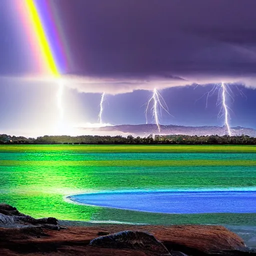 Prompt: Chromatic rainbow lightning strike, photograph, multicolor, prismatic