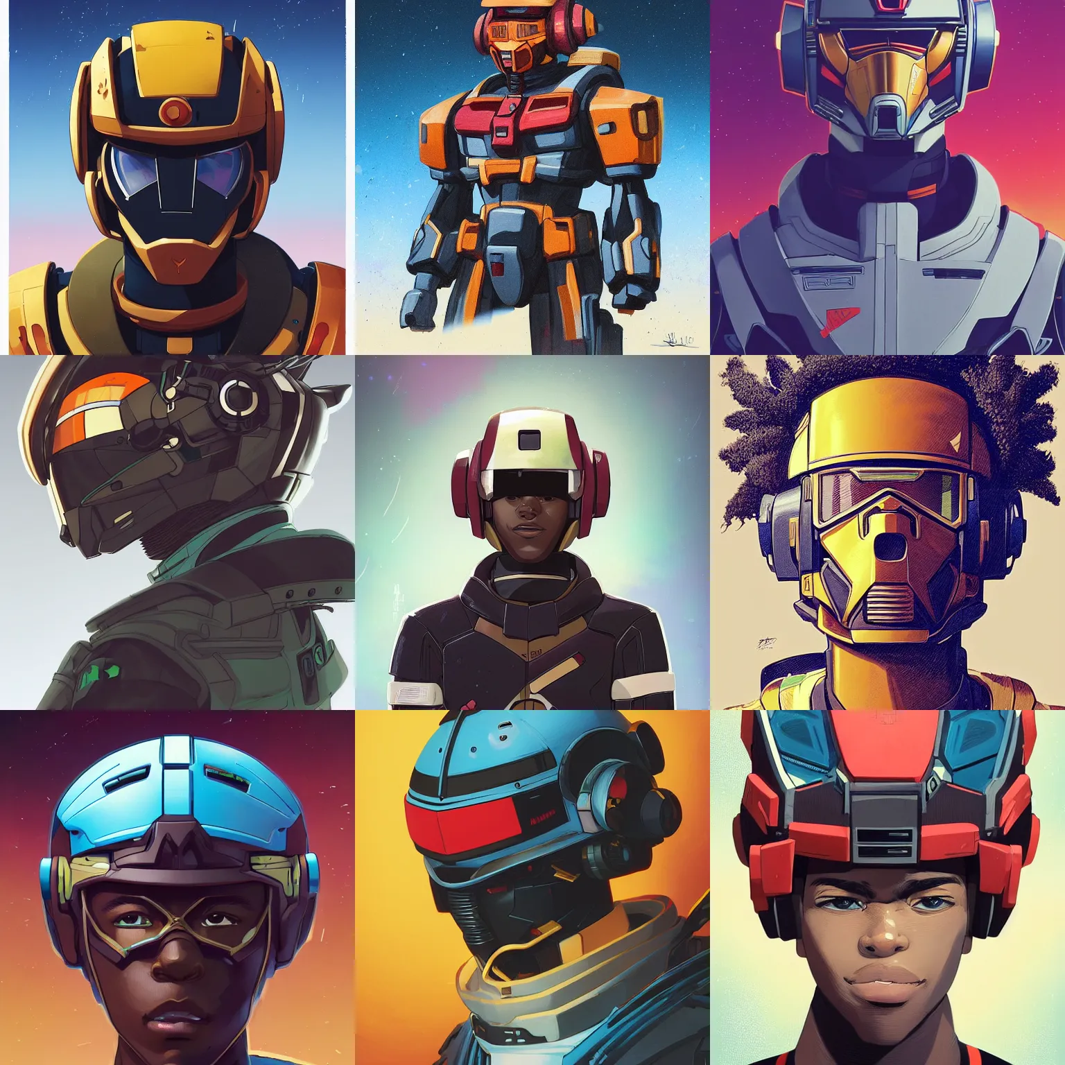 Prompt: a portrait of a young handsome elite 👦🏿 gundam pilot with an intricate, detailed, urban inspired hiphop afro futuristic helmet, vector behance hd jesper ejsing, rhads, makoto shinkai, lois van baarle, ilya kuvshinov, rossdraws, illustration, hd, 3 2 k, ilya kuvshinov, gustav klimt