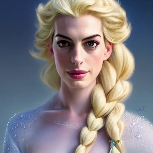 Prompt: Anne Hathaway with blonde hair as Elsa from Frozen, western, D&D, fantasy, intricate, elegant, highly detailed, digital painting, artstation, concept art, matte, sharp focus, illustration, art by Artgerm and Greg Rutkowski and Alphonse Mucha