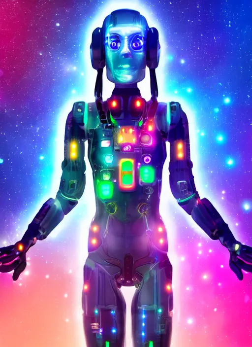 Prompt: cyborg pilot girl with electromechanical parts, connected and covered with colorful luminous wires, eyes glowing with nebula, background glowing game server powered by galaxies - n 6