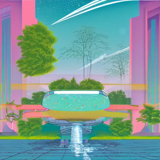 Prompt: art deco vaporwave illustration of a park with trees, benches, and a water feature, in a futuristic pastel city