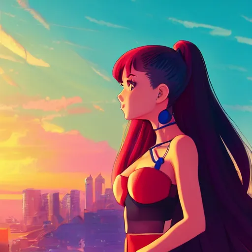 Prompt: portrait of ariana grande, sunset background, rich vivid colors, ambient lighting, dynamic lighting, 4k, official media, anime key visual, makoto shinkai, ilya kuvshinov, lois van baarle, rossdraws, detailed, trending on artstation