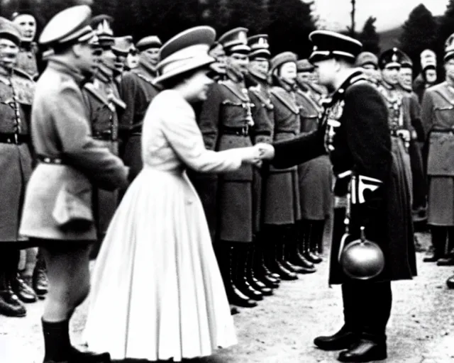 Image similar to ultra wide 1 9 4 6 blurry historical photo of a single german general bowing to a young queen elizabeth in a french village, her corgis are nearby highly detailed, sharp focus