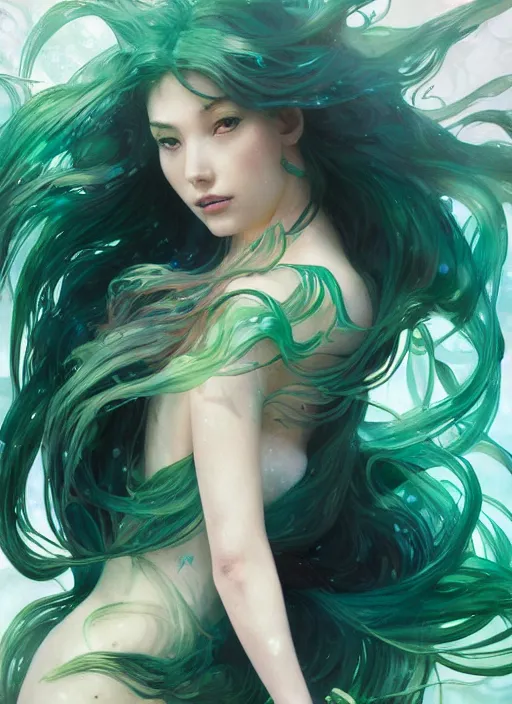 Prompt: ariel mermaid, green, splash aura in motion, floating pieces, painted art by tsuyoshi nagano, greg rutkowski, artgerm, alphonse mucha, spike painting