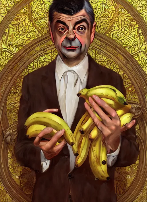 Image similar to Rowan Atkinson as cross eyed Mister Bean holding a banana, intricate, elegant, highly detailed, centered, digital painting, artstation, concept art, smooth, sharp focus, illustration, art by artgerm and donato giancola and alphonse mucha