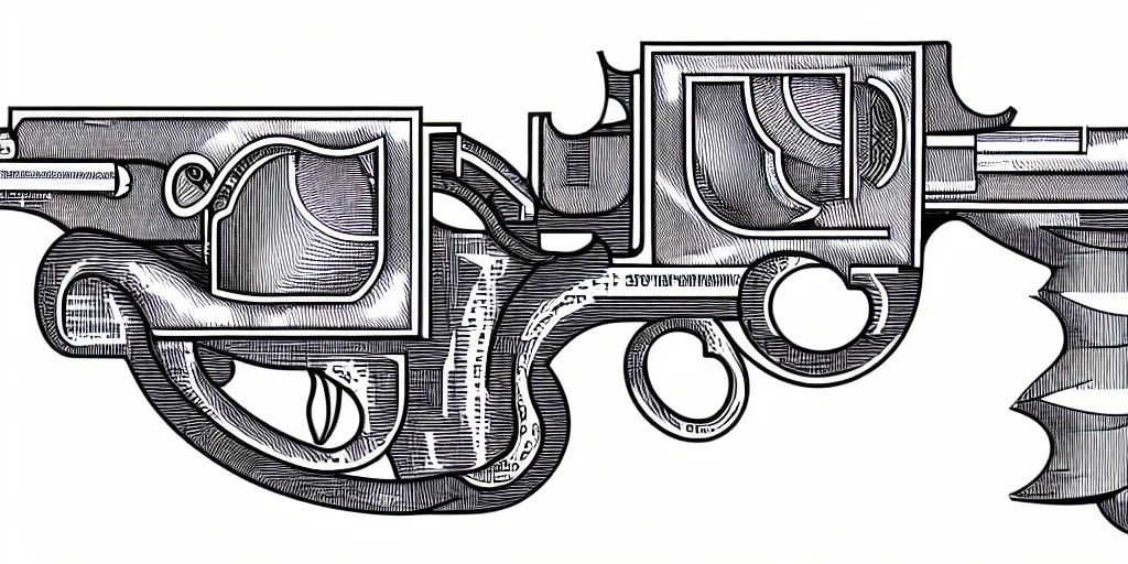 Prompt: schematic diagram illustration of a revolver, ultra detailed, 4 k, intricate, encyclopedia illustration, fine inking lines