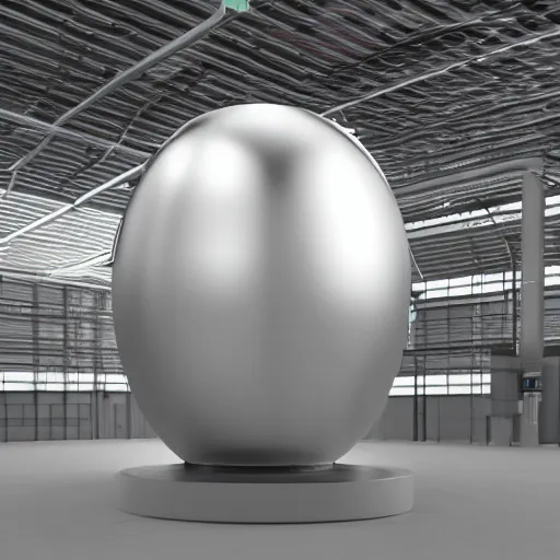 Image similar to big metallic capsule connected to pipelines, purpose is pump, standing in large industrial hall, designed by best engineers, raytracing, reflections