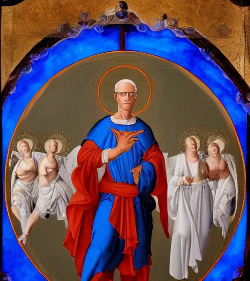 Prompt: hank hill wearing a white toga, emerging from blue fire, surrounded by blue flames, renaissance religious painting, late gothic religious paintings, byzantine religious art, painting by duccio di buoninsegna and carlo crivelli, trending on artstation