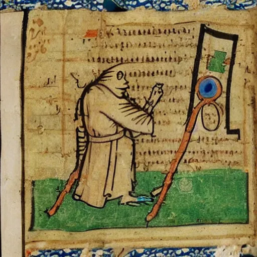 Prompt: page from a 1 4 th century monk's manuscript illustrating an epic battle between r 2 d 2 and pepe the frog