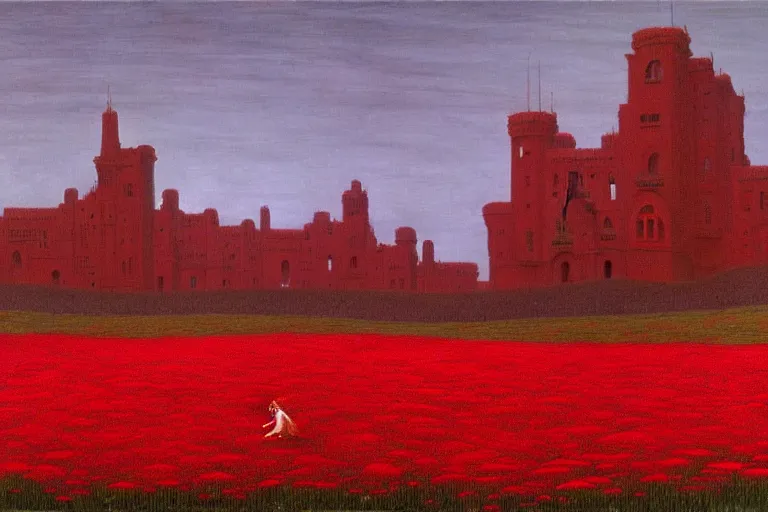 Prompt: only with red, a red expanse of flowers of different types, castle in background, goblin dance over the flowers, in the style of beksinski, parts by edward hopper, parts by rodcenko, parts by yue minjun, intricate and epic composition, red by caravaggio, insanely quality, highly detailed, masterpiece, red light, artstation, 4 k