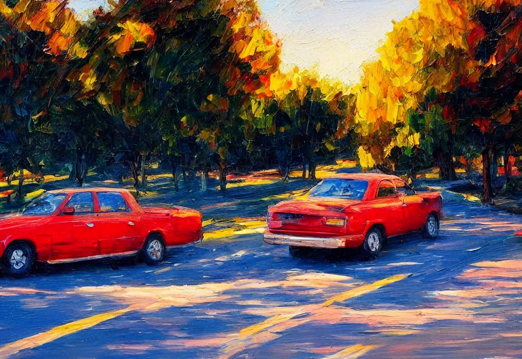 Image similar to one red car driving in the road, nature, golden hour, brush strokes, oil painting