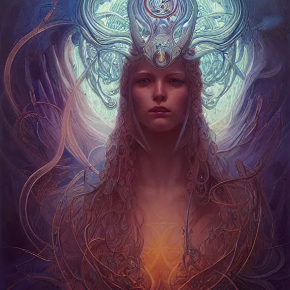 Image similar to a highly detailed beautiful portrait in the style of jean delville and in the style of peter mohrbacher. glowing rune of magical power.