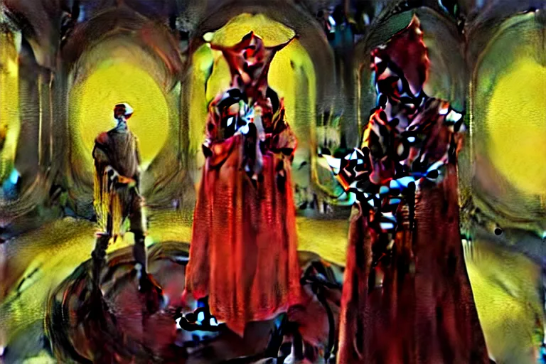 Prompt: ((A beautiful masterpiece painting) (of (a technomancer wizard (in robes (with pointed hood))) (discussing sentience with (his synthesized Al djinn) (in his laboratory (near a computer))) (by (Remedios Varo) and (Anato Finnstark) and (Greg Rutkowski)) (dayglo pink, dayglo blue, dazzle camouflage) (8k, trending on ArtStation)