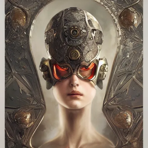 Prompt: ultra realist soft painting of a single attractive gynoid female sillicon skin armored, curiosities carnival, symmetry accurate features, very intricate details, focus, curvy, artstyle Hiraku Tanaka and Tom Bagshaw, award winning