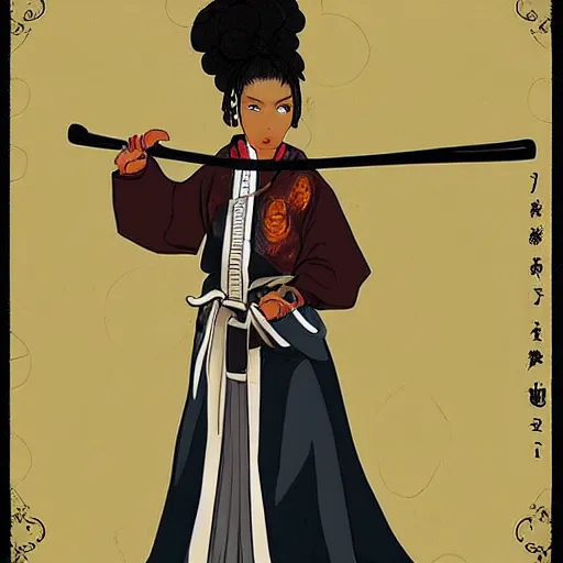 Prompt: “ afro - asian female samurai. savannah. manga art style ”