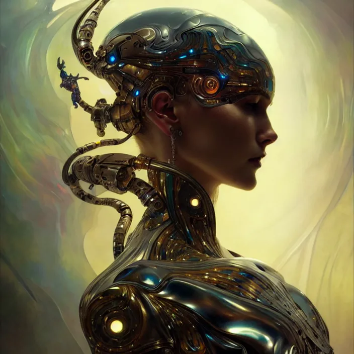 Image similar to liquid cyborg, diffuse lighting, fantasy, intricate, elegant, highly detailed, lifelike, photorealistic, digital painting, artstation, illustration, concept art, smooth, sharp focus, art by john collier and albert aublet and krenz cushart and artem demura and alphonse mucha