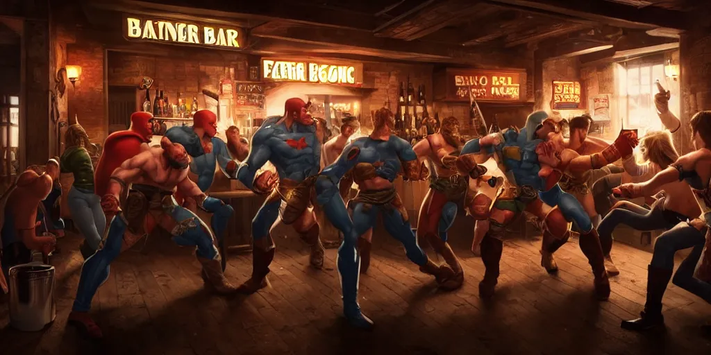 Prompt: a photo of a bar fight inside a pub between dungeons and dragons and comic book heroes, detailed faces, accurate faces, 4k, hyperrealism, editorial, photorealistic, crisp details, sharp focus, wide angle lens, octane render, caustics