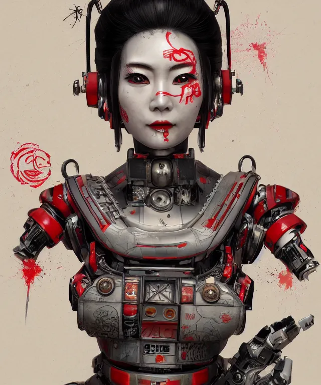 Image similar to an epic fantastic realism comic book style portrait painting of a japanese robotic geisha with kanji tattoos and decals, apex legends, octane render, intricate detail, 4 k hd, unreal engine 5