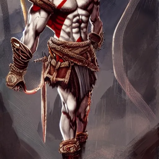 Image similar to concept art kratos the god of war wearing fishnet stockings outside of a biker bar