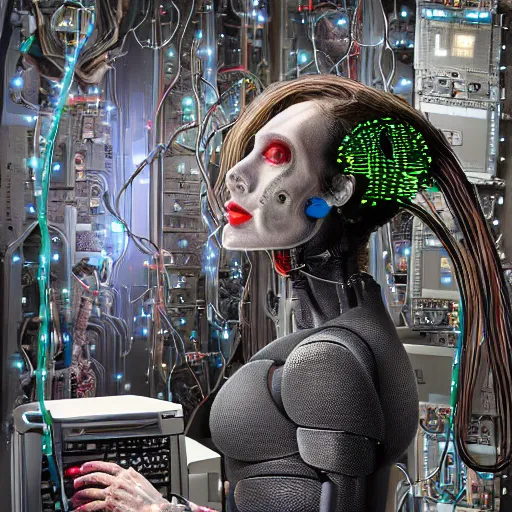 Prompt: the torso of fully a mechanical terminator lady with borg implants, human face and robotic snakes coming out of her head is hanging from cables and wires off the ceiling of an abandoned computer lab and plugged into a quantum computer. Her bottom half is missing with cables hanging out. She is taking a sip from a cup of coffee. Tiny green led lights in her cybernetics. very detailed 8k. Steampunk horror style.