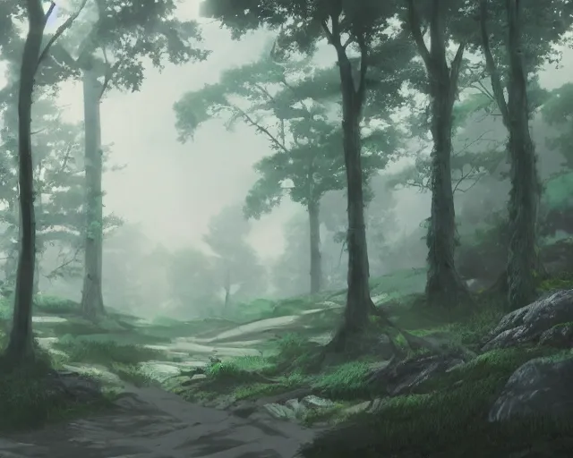 Image similar to environmental illustration of a wide angle shot of a trail in a foggy ancient forest | | anime key visual, official media, illustrated by wlop, extremely detailed, 8 k, trending on pixiv, cinematic lighting, beautiful