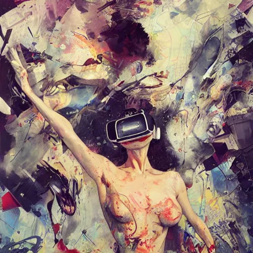 Image similar to grinning woman in a vr headset, dynamic energic pose, cyberpunk in the style of adrian ghenie, esao andrews, jenny saville, surrealism, dark art by james jean, takato yamamoto