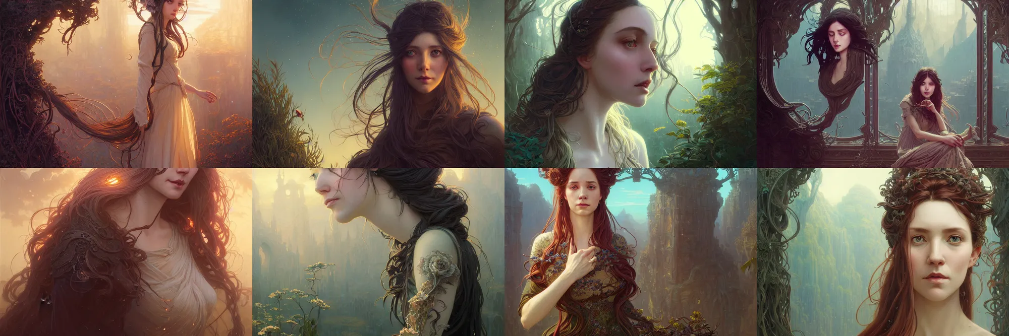 Image similar to highly detailed portrait of a woman with long hairs, stephen bliss, unreal engine, fantasy art by greg rutkowski, art nouveau, loish, rhads, ferdinand knab, makoto shinkai and lois van baarle, ilya kuvshinov, rossdraws, tom bagshaw, alphonse mucha, global illumination, radiant light, detailed and intricate environment