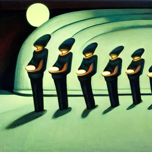 Image similar to robotic choir in an amphitheater, pj crook, grant wood, edward hopper, syd mead, chiaroscuro, oil on canvas