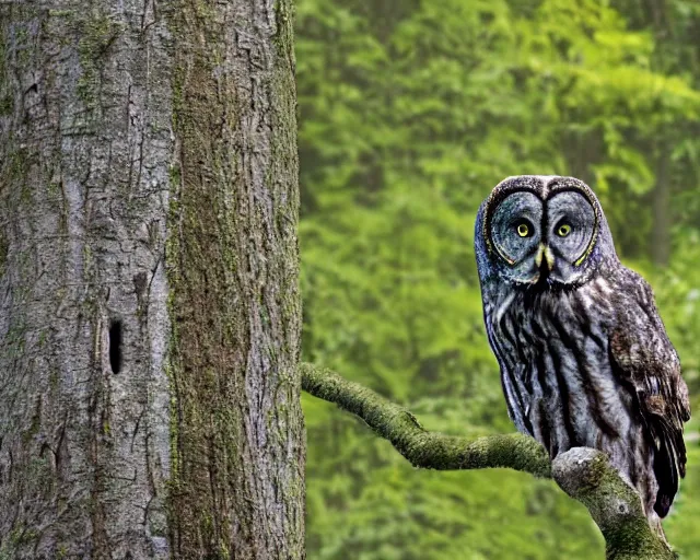 Prompt: an 5 5 - year old man sees a great grey owl in a tree in front of him, concept art from the short story'mouth and mind'set in chatham, ontario, realistic modern supernatural horror thriller aesthetic, hd 4 k 8 k digital matte painting, by david mattingly and michael whelan. layout in the style of christopher mckenna and gregory crewdson