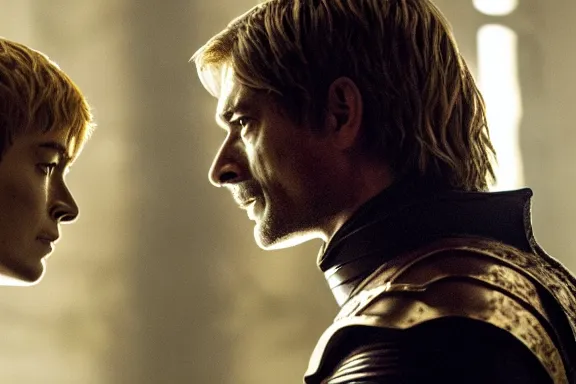 Image similar to very very intricate photorealistic photo of jaime lannister fighting cersei, photo is in focus with detailed atmospheric lighting, award - winning details