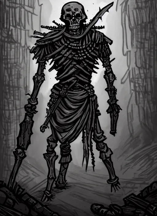 Prompt: concept art of a simple skeleton warrior in darkest dungeon, highly detailed, dark atmosphere, cosmic horror, body horror, lovecraft mythos, key character poster