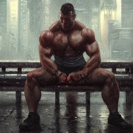 Image similar to a highly detailed portrait of a muscular man sitting on a bench in the rain, digital art, retrowave, cyberpunk, artstation, pixiv, by wlop, greg rutkowski