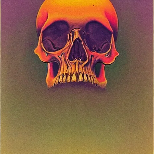 Image similar to psychedelic skull in the style of Zdzisław Beksiński,