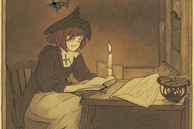 Image similar to a young witch writing in her spellbook halloween, over the shoulder angle, studio ghibli, warm, earthy tones, lit by candlelight, mucha