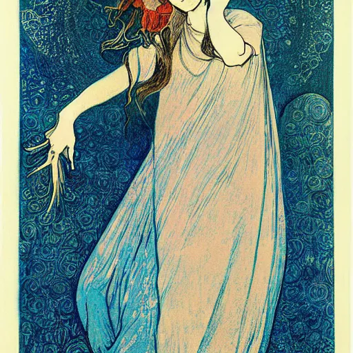 Prompt: a girl with a spider, colored woodcut, flat pastel colors, by Mackintosh, by Alfons Mucha, art noveau, by Gustave Dorè