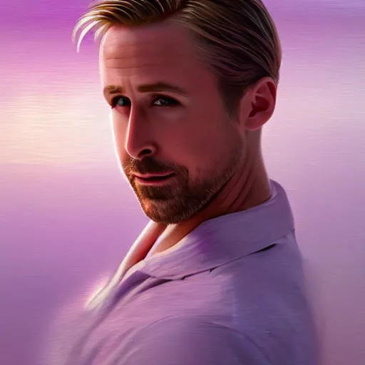 Image similar to ryan gosling robotic clothes in the beach purple sun, dancing ballet, effeminate, pink lighting ultra realistic photorealistic highly detailed high quality, a stunningly, digital painting, artstation, concept art, smooth, sharp focus, illustration, art by artgerm and greg rutkowski and alphonse mucha 8 k