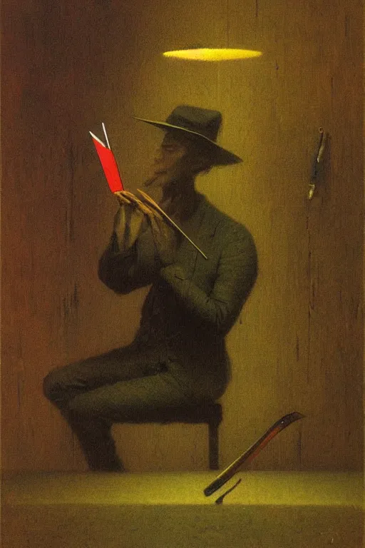 Prompt: a smooth guy with a fedora and a switch blade, good at cards, plays music, gambles like no one, a painting by beksinski