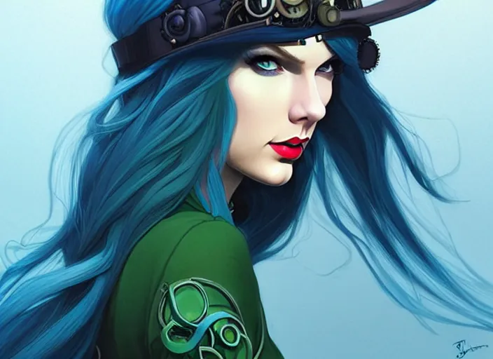 Image similar to style artgerm, joshua middleton, taylor swift with green dress, very long blue hair, symmetrical face, symmetrical eyes, steampunk western gunslinger, cinematic lighting