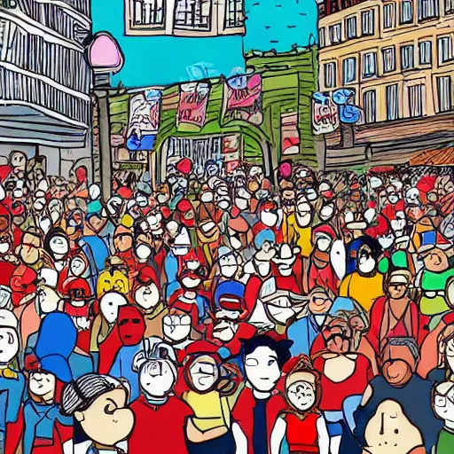 Image similar to waldo in a crowd hand drawn cartoon busy city scene with lots of people doing activities and not paying attention comic antics goofy