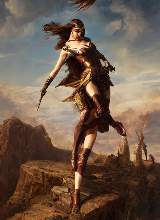 Prompt: highly detailed steampunk gal gadot standing on a boulder : leonardo da vinci, greg rutkowski, magali villeneuve