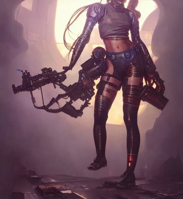 Image similar to full body painting of chuu loona cyberpunk mercenary smiling and jumping, perfect face, ultra realistic, concept art, intricate details, eerie, highly detailed, photorealistic, octane render, 8 k, unreal engine. art by artgerm and greg rutkowski and magali villeneuve and alphonse mucha