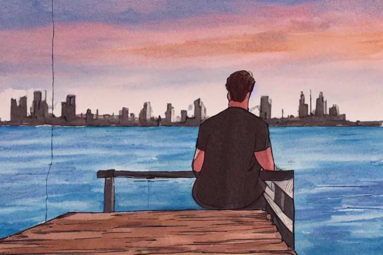 Image similar to A man sitting on a jetty, city in the background, cinematic lighting, copic markers