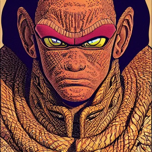 Image similar to close up portrait, intricate, highly detailed, masterful, in the style of moebius, akira toriyama, jean giraud