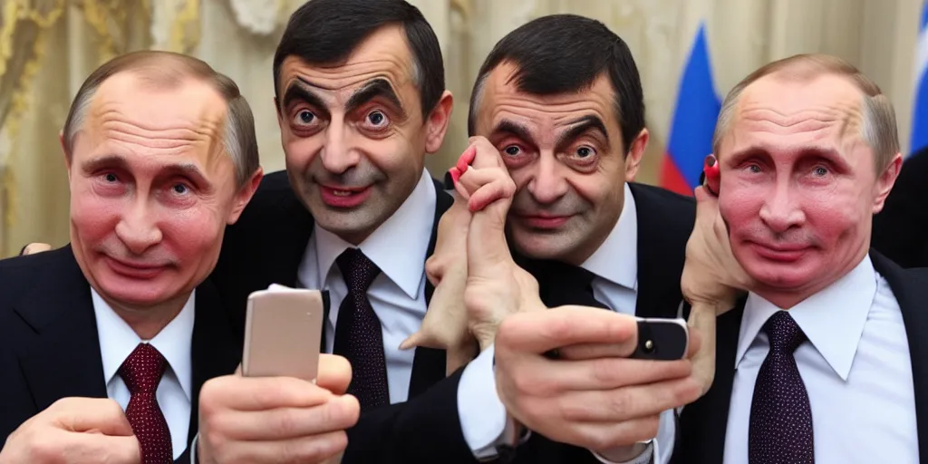 Prompt: mr. bean taking a selfie with putin